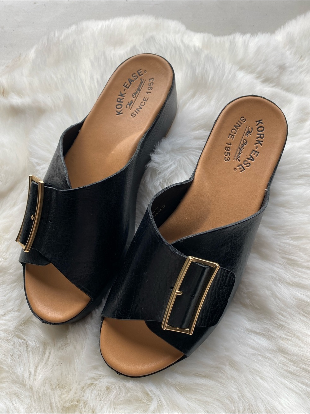 Kork-Ease Black Leather Slide Mules with Gold Buckle